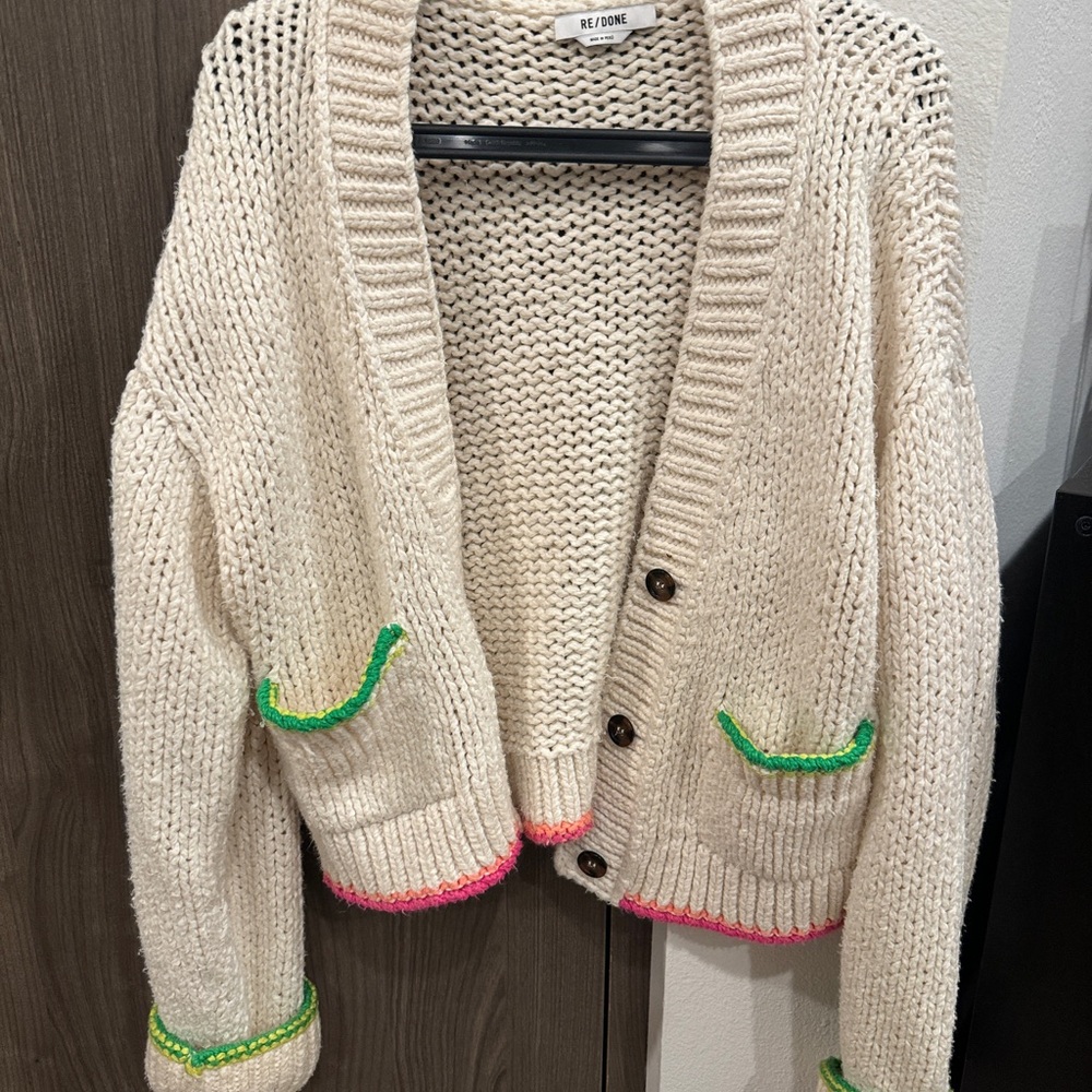 Re/Done Cream Cardigan with Pink and Green Details